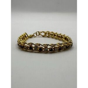 Gold Tone Rhinestone Chain Bracelet Clear Black Stones Vintage Style